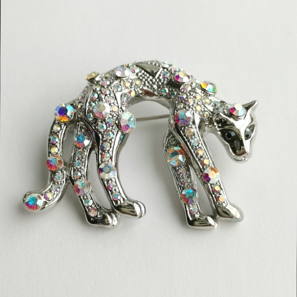 Vintage Panther Leopard Brooch Pin Crystals